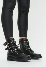 MISSGUIDED black triple strap mid embellish hiker boots – studded buckle boot