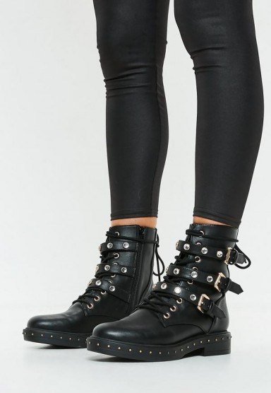 MISSGUIDED black triple strap mid embellish hiker boots – studded buckle boot - flipped