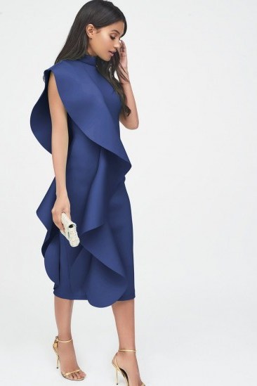 LAVISH ALICE blue signature multi scuba frill midi dress – luxe party wear - flipped