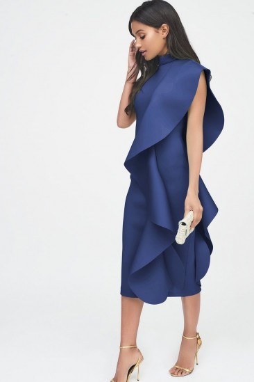 LAVISH ALICE blue signature multi scuba frill midi dress – luxe party wear