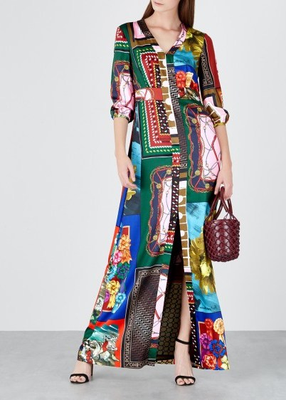 BOUTIQUE MOSCHINO Patchwork scarf print satin maxi dress ~ multi prints - flipped