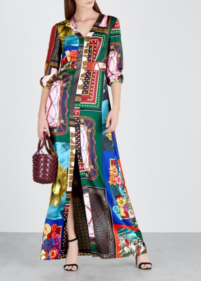 BOUTIQUE MOSCHINO Patchwork scarf print satin maxi dress ~ multi prints