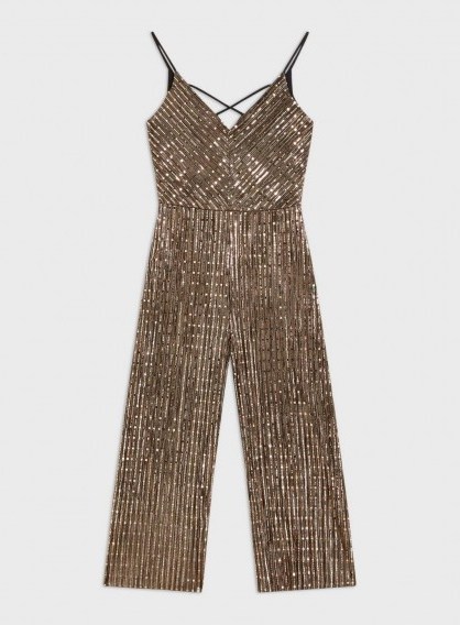 MISS SELFRIDGE Bronze Sequin Jumpsuit – glamorous party fashion - flipped