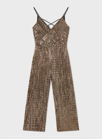 MISS SELFRIDGE Bronze Sequin Jumpsuit – glamorous party fashion