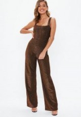 Missguided bronze shimmer jumpsuit | brown sparkly party fashion