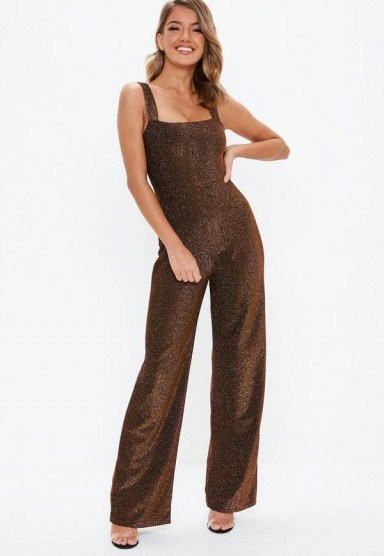 Missguided bronze shimmer jumpsuit | brown sparkly party fashion - flipped