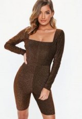 Missguided bronze shimmer unitard | brown fitted party fashion