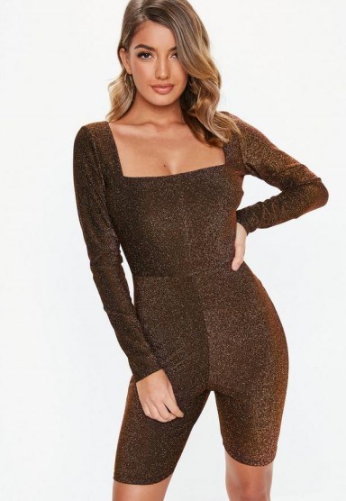 Missguided bronze shimmer unitard | brown fitted party fashion - flipped