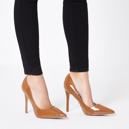 River Island Brown chestnut patent court shoes – shiny high heeled courts - flipped