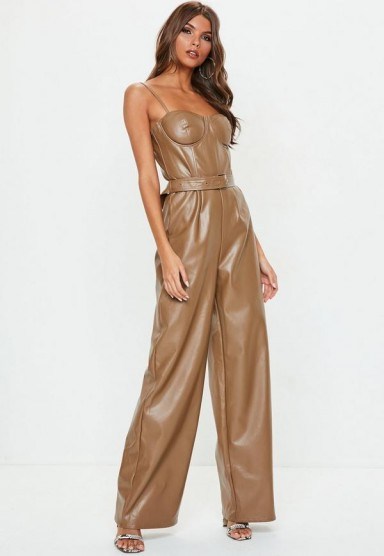 Missguided brown faux leather cupped jumpsuit | party fashion - flipped