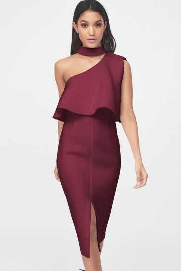 LAVISH ALICE burgundy scuba high neck one shoulder midi dress – luxe style partywear - flipped