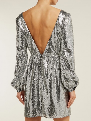 SALONI Camille silver sequinned mini dress ~ deep V-back