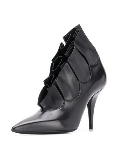 CASADEI black leather pleated stiletto ankle boots / front ruffled bootie - flipped