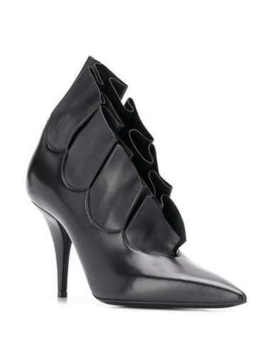 CASADEI black leather pleated stiletto ankle boots / front ruffled bootie