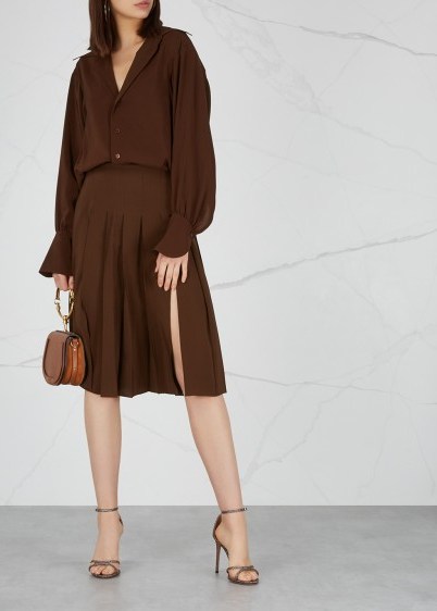 CHLOÉ Dark brown pleated silk shirt dress – floaty dresses - flipped