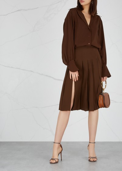 CHLOÉ Dark brown pleated silk shirt dress – floaty dresses