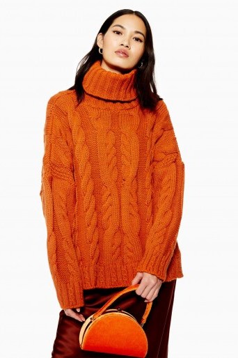 Topshop Chunky Cable Roll Neck Jumper in Tobacco | snugly high neck sweater - flipped