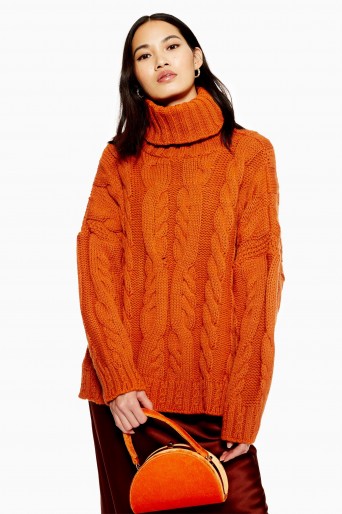 Topshop Chunky Cable Roll Neck Jumper in Tobacco | snugly high neck sweater