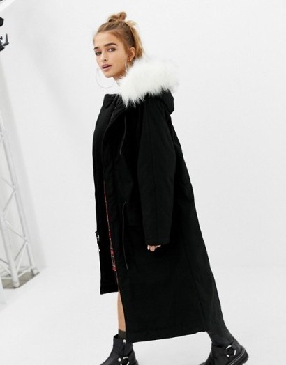 COLLUSION Petite parka jacket with fur lined hood in black – mono longline winter coats - flipped