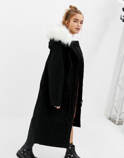 COLLUSION Petite parka jacket with fur lined hood in black – mono longline winter coats