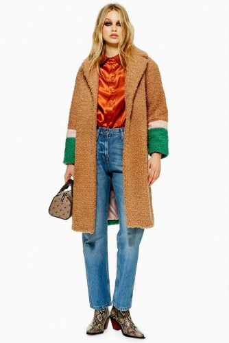 Topshop Colour Block Teddy Coat in Camel | light-brown winter coats - flipped