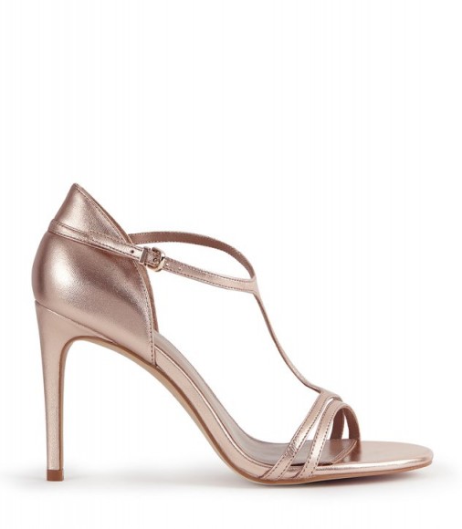 REISS CONSTANCE T-BAR HEELED SANDALS ROSE GOLD ~ strappy metallic heels