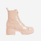 EGO Cooper Chunky Sole Lace Up Ankle Biker Boot In Nude Patent – pale-pink cleated sole boots