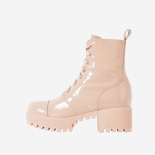 EGO Cooper Chunky Sole Lace Up Ankle Biker Boot In Nude Patent – pale-pink cleated sole boots - flipped