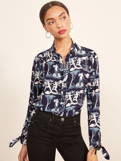 Reformation Corinne Top in Delphi | tie cuff printed shirt - flipped