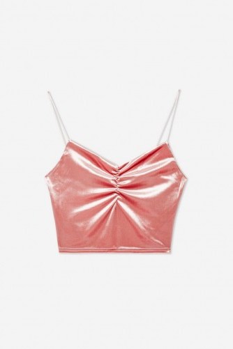 TOPSHOP Cropped Velvet Cami in Rose / shiny pink front-ruched camisole - flipped