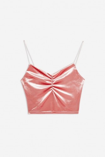 TOPSHOP Cropped Velvet Cami in Rose / shiny pink front-ruched camisole
