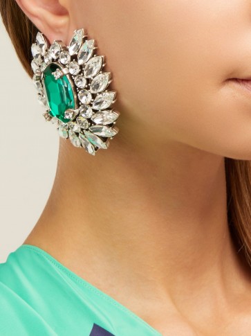BALENCIAGA Green and Clear Crystal-embellished floral stud earrings ~ big and beautiful flower jewellery