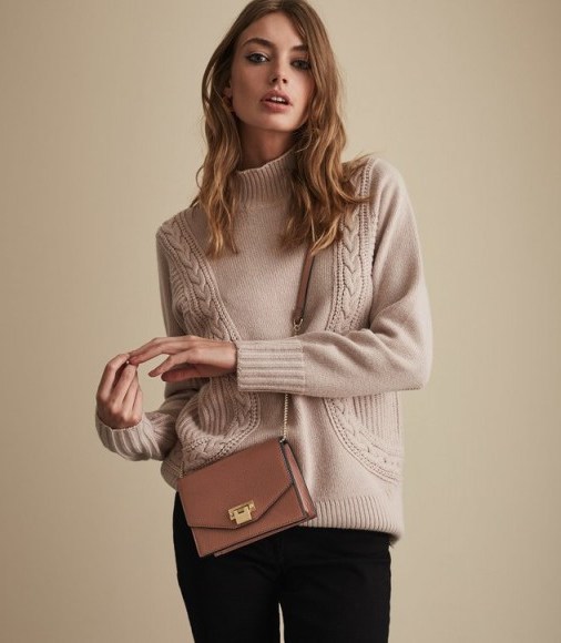 REISS DALIA FUNNEL NECK JUMPER BISQUE ~ luxe cable knit sweater - flipped