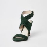 River Island Dark green wrap leather skinny heel sandals | strappy cross front party shoes