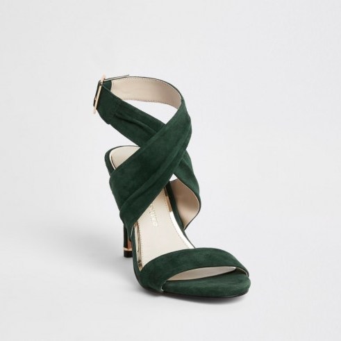 River Island Dark green wrap leather skinny heel sandals | strappy cross front party shoes - flipped