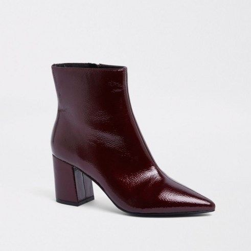 River Island Dark red pointed toe block heel boots – chunky heeled patent ankle boot - flipped