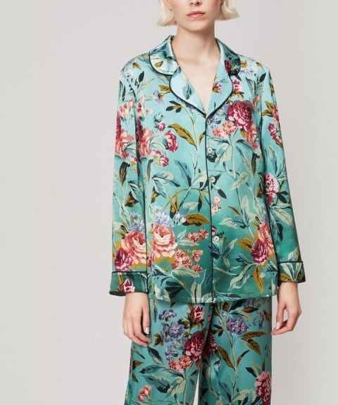 LIBERTY LONDON Desert Rose Silk Satin Long Pyjama Set in Green / floral nightwear - flipped