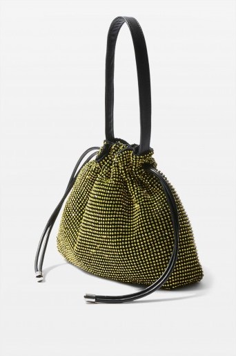 Topshop Dina Diamante Drawstring Bag in Yellow | small embellished pouch bag - flipped