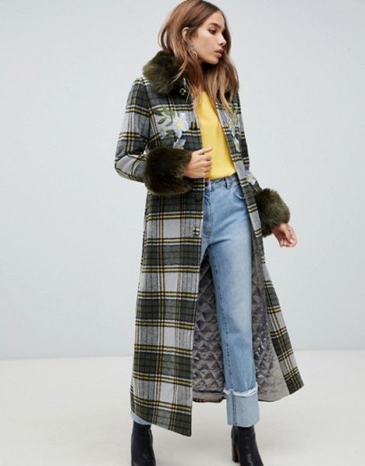 Dolly & Delicious embroidered check coat with faux fur trim in khaki | green checked winter coats - flipped