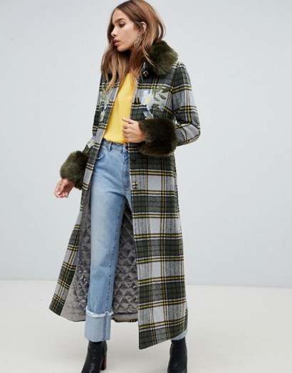 Dolly & Delicious embroidered check coat with faux fur trim in khaki | green checked winter coats