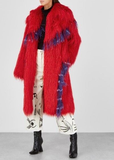 DRIES VAN NOTEN Rotardi red faux shealing coat – shaggy winter coats - flipped