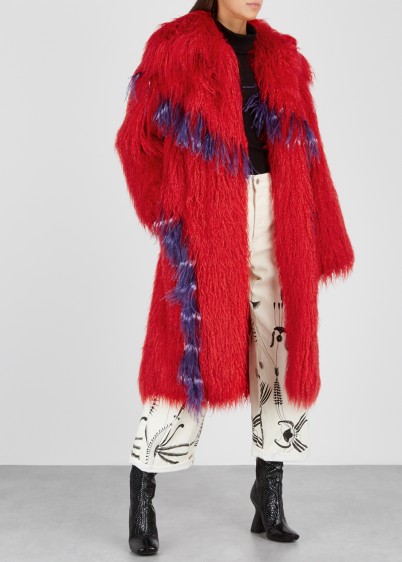DRIES VAN NOTEN Rotardi red faux shealing coat – shaggy winter coats