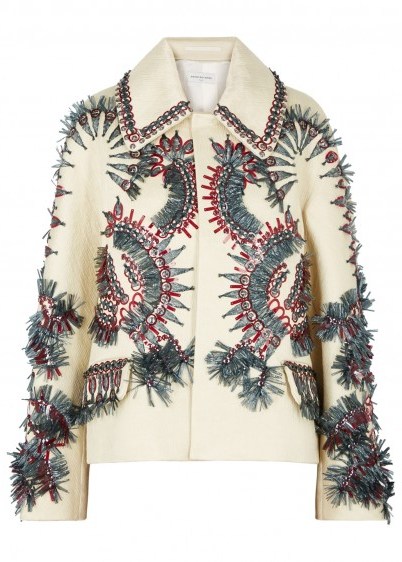 DRIES VAN NOTEN Virginia cream embellished satin jacket ~ fringed raffia and sequins - flipped