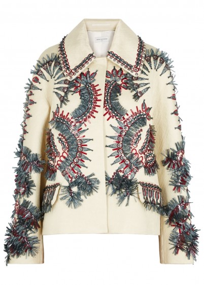 DRIES VAN NOTEN Virginia cream embellished satin jacket ~ fringed raffia and sequins