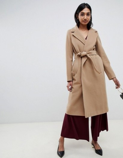 Emme Fatuo Longline Camel Coat with Tie Waist – classic wrap coat - flipped