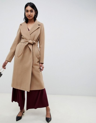 Emme Fatuo Longline Camel Coat with Tie Waist – classic wrap coat