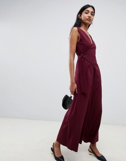 Emme Glamour Wrap Jumpsuit with Wide Leg in Bordeaux – dark red party fashion - flipped