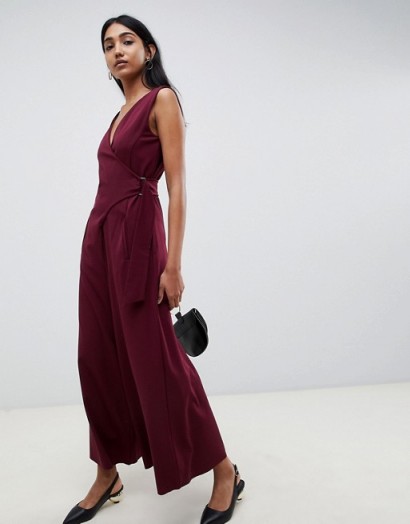 Emme Glamour Wrap Jumpsuit with Wide Leg in Bordeaux – dark red party fashion