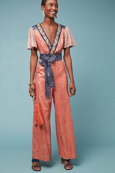 Akemi + Kin Emmy Embroidered-Wrap Jumpsuit ~ metallic-effect floral print - flipped