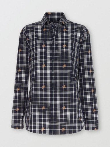 BURBERRY Equestrian Knight Check Cotton Shirt in Navy - flipped